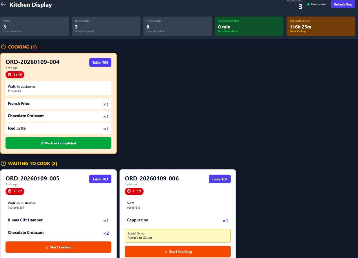 Kitchen display with live order queue
