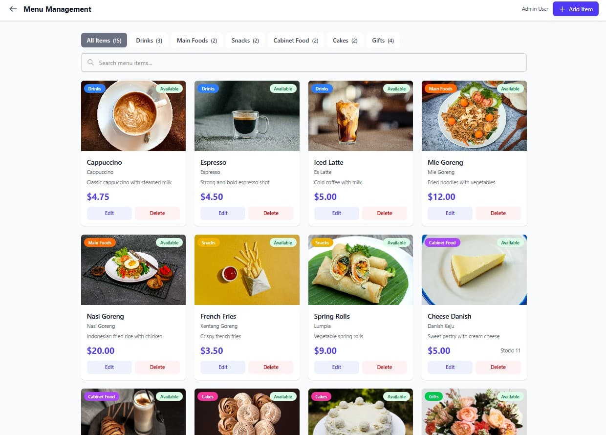 Menu management screen with item cards and pricing