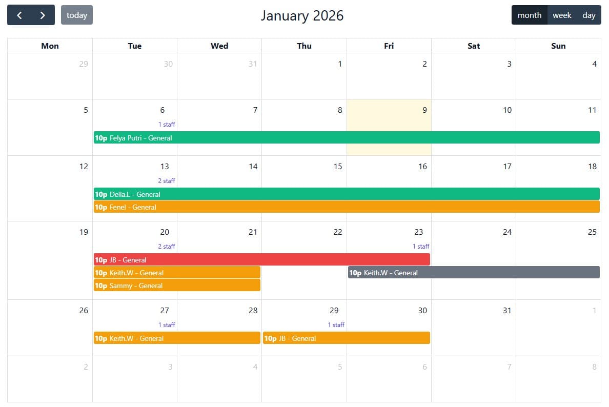 Roster calendar with staff shifts